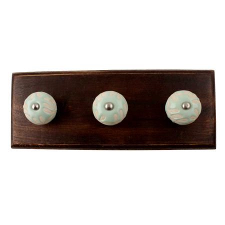 Sage Green Etched Ceramic Floral Wooden Hook